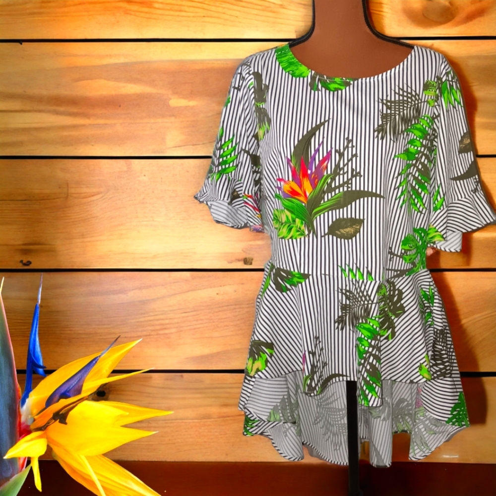 2/$35 Ashley Stewart Tropical Floral Oliver Green Stripes High-Low Top, Size 14
